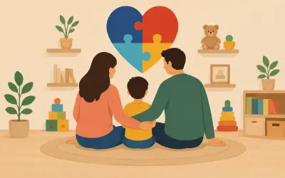 Parents and child sitting together on the floor in the living room surrounded by toys