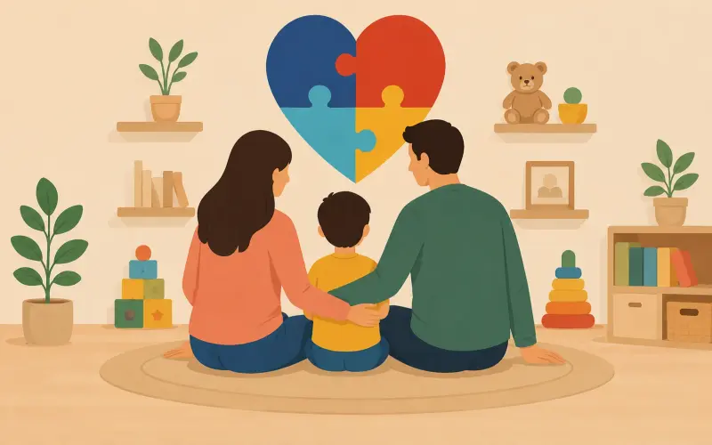 Parents and child sitting together on the floor in the living room surrounded by toys