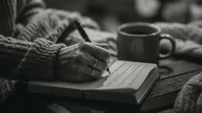 Close-up of a hand writing in a notebook beside a coffee cup, soft cozy lighting.