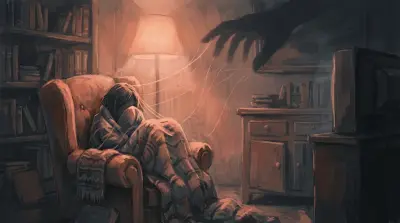 a woman sitting in a dim-lighted living room with visible guilt controling her emotions