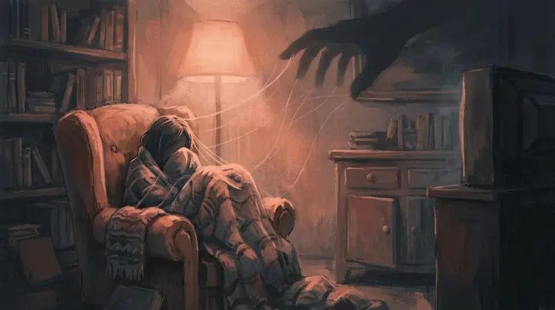 a woman sitting in a dim-lighted living room with visible guilt controling her emotions