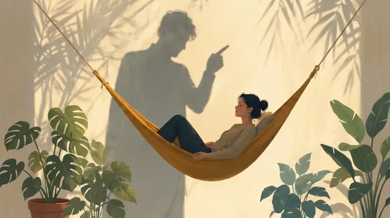Person resting in a hammock while a looming shadow points at them in disapproval