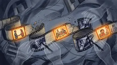 Film reel of events being erased and redrawn by unseen hands with warm amber fragments resisting distortion