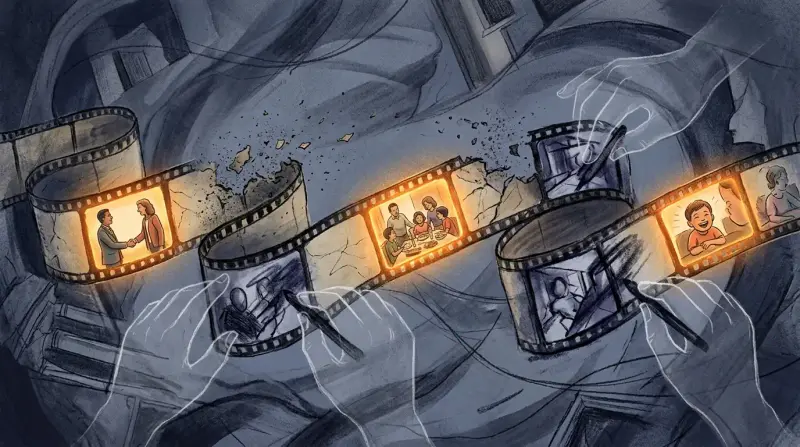 Film reel of events being erased and redrawn by unseen hands with warm amber fragments resisting distortion