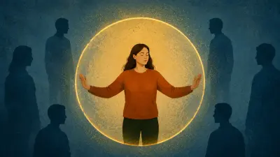 Woman inside glowing golden barrier, keeping distance from surrounding shadowy figures