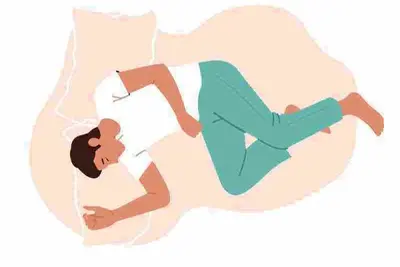 Stylized person curled on their side with their head on a pillow