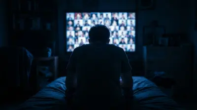 Man sitting in dark room, facing glowing screen filled with many thumbnails, feeling isolated