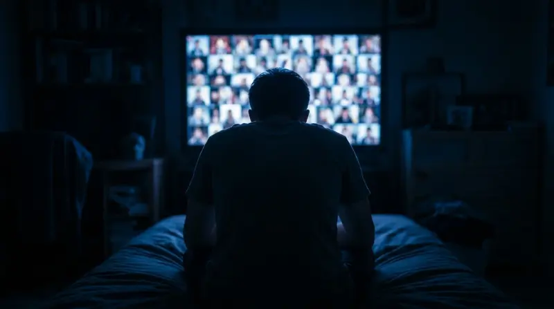 Man sitting in dark room, facing glowing screen filled with many thumbnails, feeling isolated