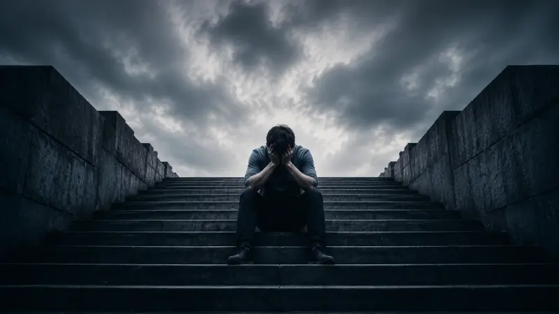 A lone person sits on dark steps under stormy skies, head in hands, overwhelmed and heavy.