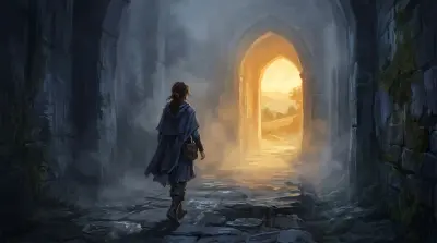 A silhouette walking through darkness toward a bright golden opening, symbolizing the journey through pain toward hope