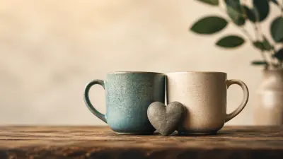 Two ceramic mugs side by side with a small heart on a wooden table, soft cozy light.