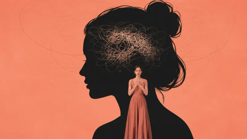 Silhouette with chaotic thoughts inside, calm figure standing peacefully below