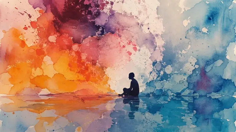 Meditative silhouette reflected in watercolor hues, symbolizing inner exploration and emotional courage.