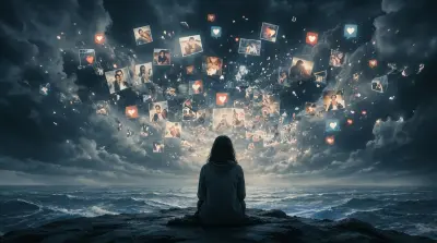 Alone by the sea beneath a storm of floating social media posts and notifications.