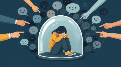 Person curled under a glass dome while hostile faces surround them outside
