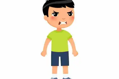 Cartoon child stands with clenched fists and a scowling face