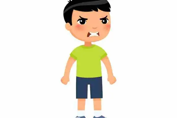 Cartoon child stands with clenched fists and a scowling face