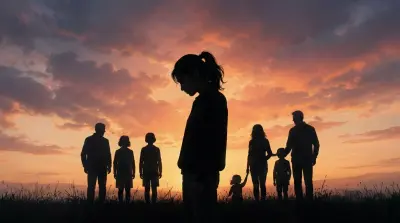 Silhouetted eldest child stands apart from family at sunset, carrying emotional responsibility.