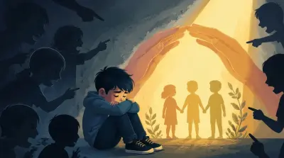 Child sitting surrounded by shadows of children bullying him