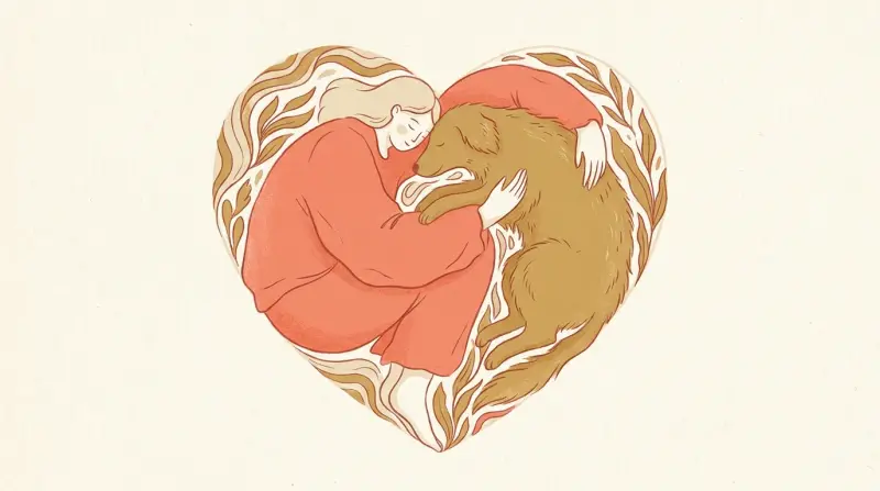 a person and her pet dog hugging each other in a heart shaped position