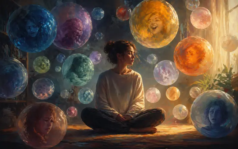 Person sitting peacefully surrounded by colorful floating spheres representing different emotions
