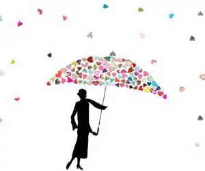 Silhouetted figure holds an umbrella formed from many small hearts