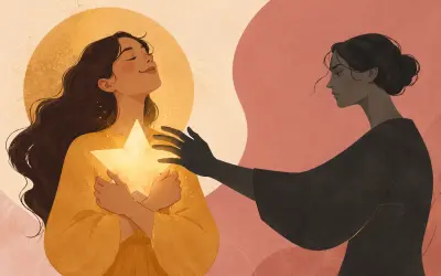person standing holding a lit star and another person reaching to dim it