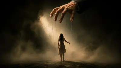 A giant hand controls a woman like a puppet in a dark, smoky scene