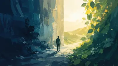 Person standing at the edge of a dark passage opening into a bright, green landscape.
