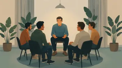 a group of 5 men sitting together in a room conversing