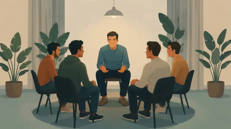 a group of 5 men sitting together in a room conversing