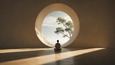 Meditative figure before a circular window, bathed in soft sunlight, symbolizing quiet inner strength.