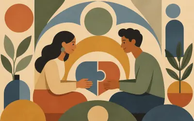 two people holding two pieces of puzzle completing themselves resembling a healthy relationship