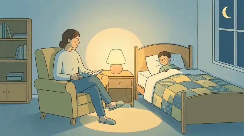 a mother reading a bed-time story to her son to help him overcome his night fears and fall asleep