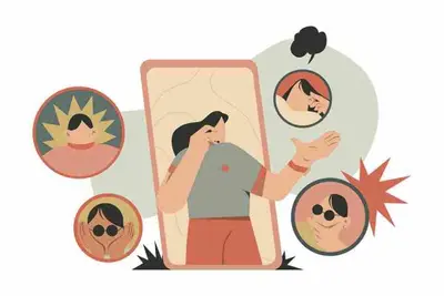 Person gesturing inside a cracked frame, surrounded by faces with varied expressions