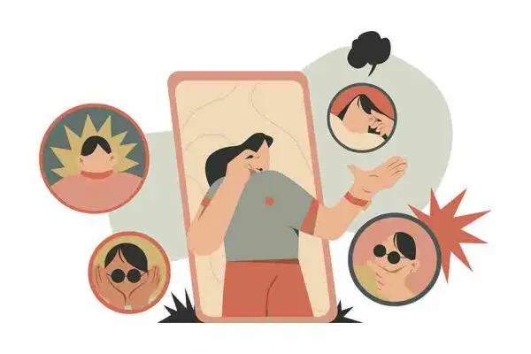 Person gesturing inside a cracked frame, surrounded by faces with varied expressions