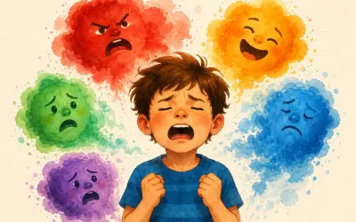 a child surrounded by multiple bubbles representing different feelings