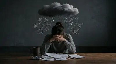 Stressed person at desk with bills, dark cloud overhead symbolizing financial anxiety.