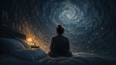 Person on bed facing a swirling night sky of thoughts, lit by a small warm bedside lamp