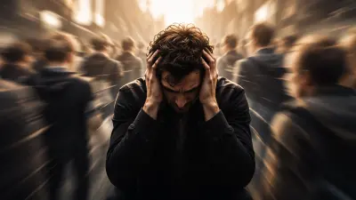 Man holding head in panic as blurred crowd rushes around him in a busy city scene