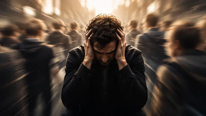 Man holding head in panic as blurred crowd rushes around him in a busy city scene