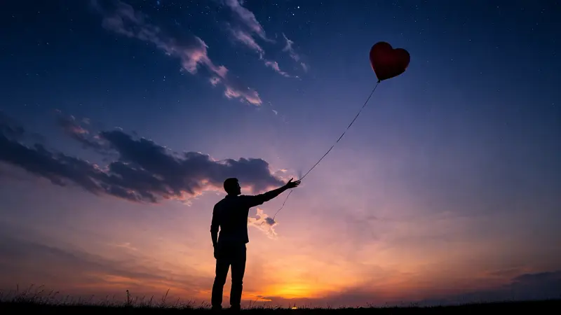 Man releasing a heart-shaped balloon into a twilight sky, symbolizing letting go