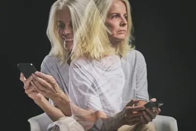 Overlapping views of a person holding a smartphone with contrasting facial expressions