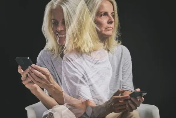 Overlapping views of a person holding a smartphone with contrasting facial expressions