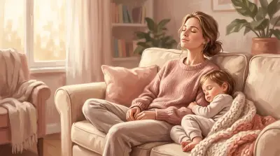 Young mother sitting quietly on a sofa with a sleeping child taking a peaceful moment to breathe