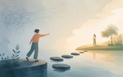 A person stands on one side of calm water reaching toward another figure across stepping stones