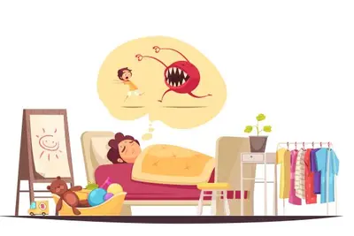 Sleeping child dreams of being chased by a sharp-toothed monster