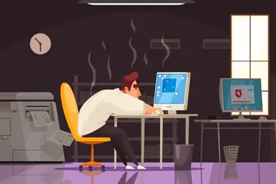 Cartoon figure slumped at a computer desk in a dim office with smoke rising nearby