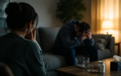 Two people sitting together on a sofa one person is worried about the other person that appears to be an addict