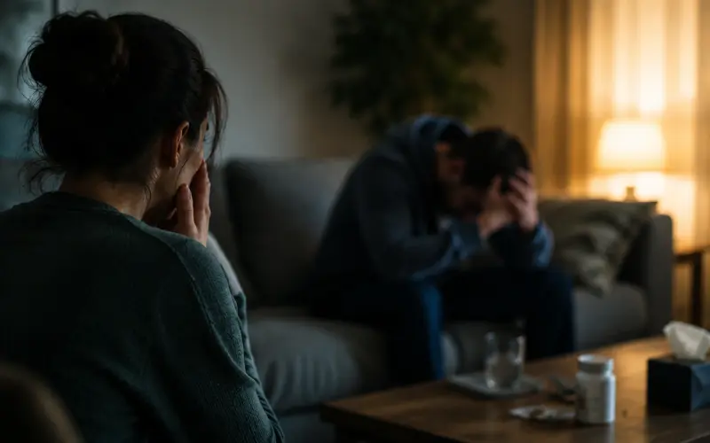Two people sitting together on a sofa one person is worried about the other person that appears to be an addict